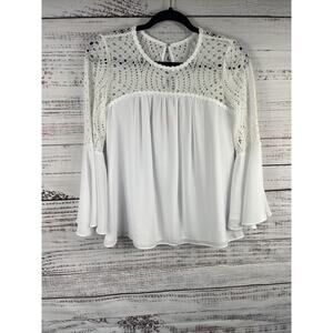 Lilly Pulitzer Blouse Womens 2 White Crochet Lace Bell Sleeve Boho Chiffon Top